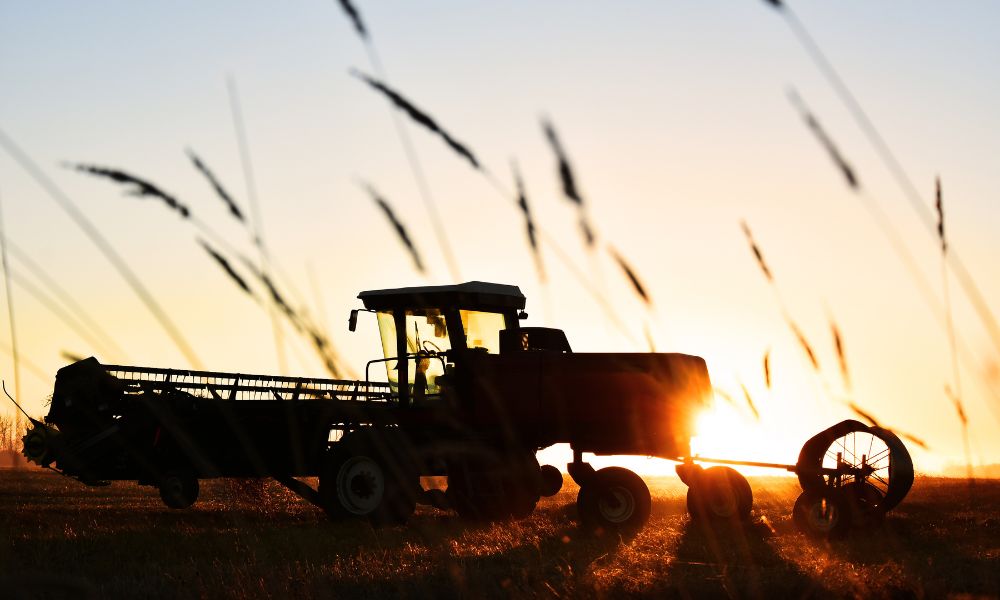 farming equipment, tractor, sunset